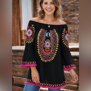 ***Cute Options” Boho Embroidered Black On/Off-Shoulder Top